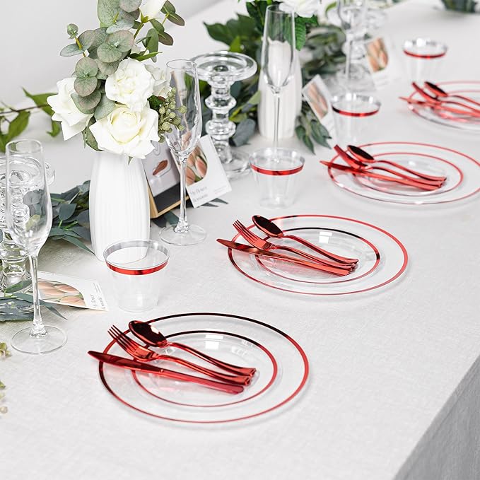 N9R 600PCS Clear and Red Disposable Plates, Heavy Duty Plastic Dinnerware Set for 100 Guests Includes 100 Dinner & Dessert Plates, Cups, Spoons, Forks, and Knives, Perfect for Parties, Weddings