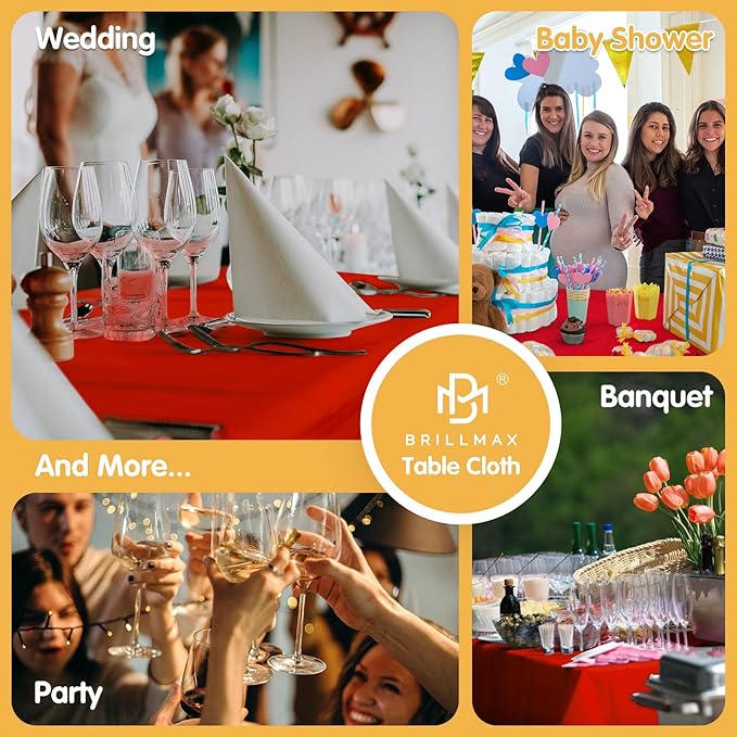 BRILLMAX 4 Pack Red Tablecloths 90 x 132 Inch for 6ft Rectangle Tables - 150 GSM Polyester Fabric, Floor Length Drop, Water, Stain & Wrinkle Resistant Cloth Cover for Wedding Reception Banquet
