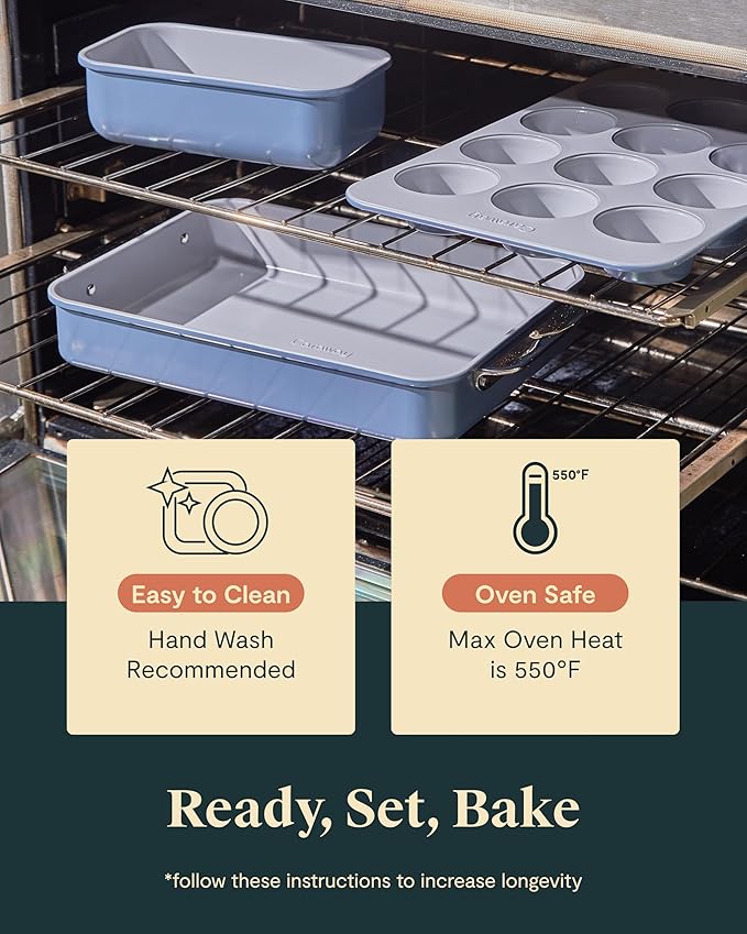 Caraway Nonstick Ceramic Bakeware Set (11 Pieces) - Baking Sheets, Assorted Baking Pans, Cooling Rack, & Storage - Aluminized Steel Body - Non Toxic, PTFE & PFOA Free - White