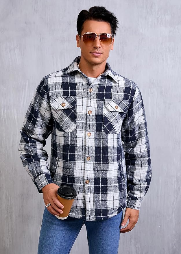 Men's Cotton Sherpa Lined Button Down Flannel Shirt Jacket Plaid Soft Outdoor Flannel Jacket Shirt