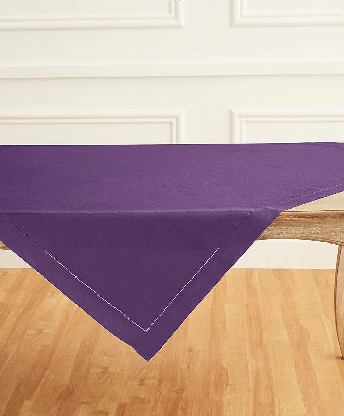 Solino Home Square Linen Tablecloth 52 x 52 Inch - 100% Pure Linen Purple Table Throw - Classic Hemstitch, Machine Washable Table Cloth for Valentines, Spring, Easter
