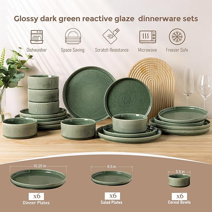 GBHOME 18-Piece Stoneware Dinnerware Set for 6 – Ribbed Ceramic Plates and Bowls, Scratch-Resistant, Microwave & Dishwasher Safe, Reactive Glaze, Dark Green