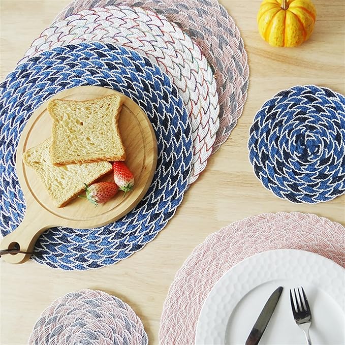 Kitchecn Accessories Nordic Woven Placemats Table Mats Suitable for Holiday Parties Family Gatherings Set De Table(Blue,Round_38CM 4PCS)