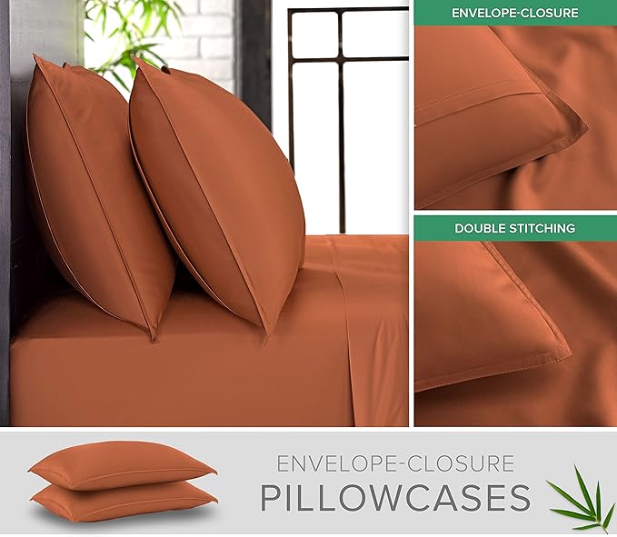 Pure Bamboo King Sheets, Genuine 100% Organic Viscose Derived from Bamboo Bed Sheet Set, Luxuriously Soft & Cooling, Double Stitching, 2 Year Quality Promise (King, Terracotta)