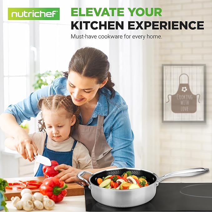 3.4QT Stainless Steel Jumbo Cooker - Triply Kitchenware Jumbo Cooker with Glass Lid - DAKIN Etching Non-Stick Coating, Scratch-resistant Raised-up Honeycomb Fire Textured Pattern - NutriChef NC3PSAUC