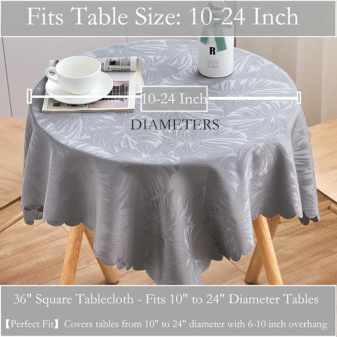 Square Tablecloth Small Table Cloths 36x36 Inch Up to 22" Tables Leaves Pattern Scalloped Edge Waterproof Jacquard Nightstand End Table Cover for Coffee Teapoy Table Room Decor (Grey)