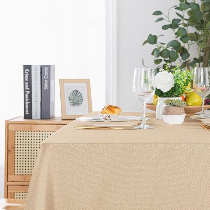 Hiasan 60 X 84 Inch Rectangle Textured Tablecloth - Waterproof Spillproof Antiwrinkle Jacquard Table Cloth for Kitchen and Dining Dinner, Outdoor Picnic, Holiday and Parties, Beige