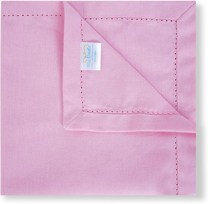 Blue Needles Set of 12 Hemstitch Linen Napkins 100% Cotton Blush Pink Cloth Dinner Napkins 18x18 inches, Soft, Reusable, Absorbent, Washable, Ideal for Wedding Events, Parties & Everyday Use