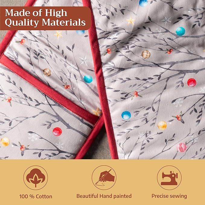 Maison d' Hermine Double Oven Mitt (7" x 35") 100% Cotton Heat Resistant BBQ Cooking Gloves with Loop for Thanksgiving Christmas Decorations Baking Cooking Barbeque Handling Hot Pan (Fairy Christmas)