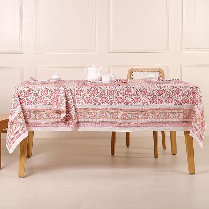 Hand Block Printed Table Cover - Exquisite Design, Premium Cotton Fabric, Perfect for Dining and Decor, Dining Table Linen(Taffy Pink Flower,14 Seater 72 x 160 Inches Rectangle)