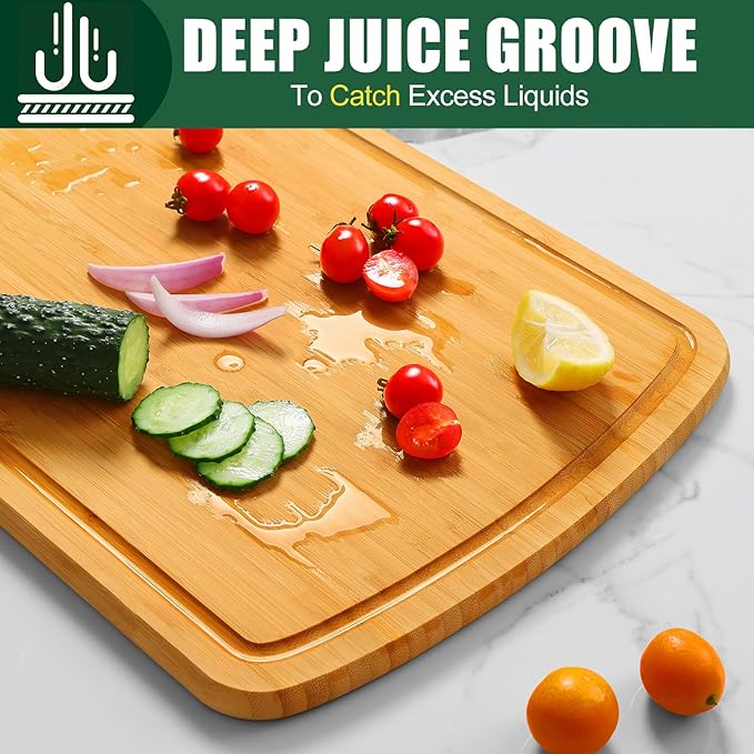 Homaxy Large Bamboo Cutting Boards for Kitchen,14.5x11.5" Wood L Cutting Board with Juice Groove, Wooden Butcher Block Chopping Board for Kitchen, Meat, Cheese, Fruit & Vegetables - Pre Oiled