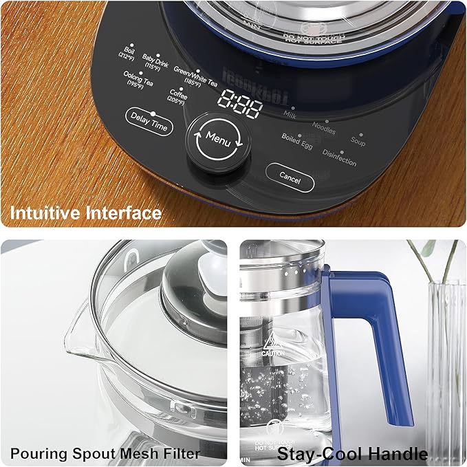 1200w Electric Kettle, 1.5L Borosilicate Glass tea kettle, Hot water kettle electric for Coffee or Tea, BPA Free, Auto Shut-Off, Stainless Steel, Fast Boil, Blue