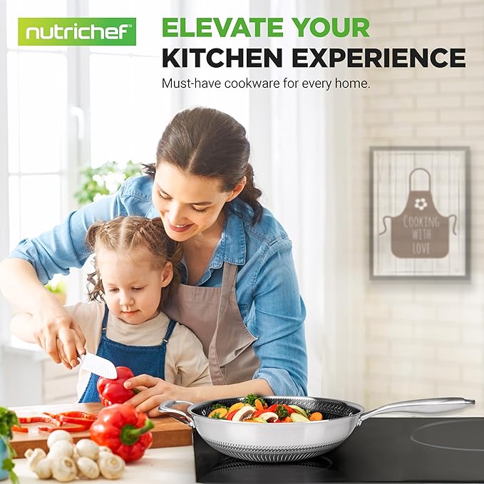 7-Piece Cookware Set Stainless Steel - Triply Kitchenware Pans Set Kitchen Cookware w/DAKIN Etching Non-Stick Coating - Small, Medium, & Large Stir Fry Pan with Lid, Wok - NutriChef NC3PLY7S