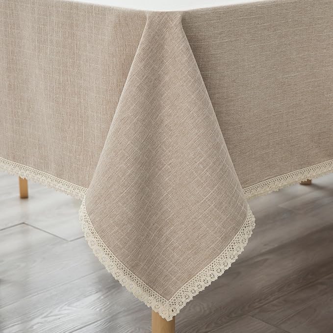 Lace Trim Tablecloth Linen-Look Textured Rustic Style Machine Washable Solid Heavy Weight Rectangle/Oblong Table Cloth Cover for Kitchen Dinning Tabletop Decoration 55x102 in Beige