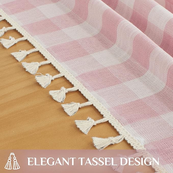 Softalker Valentines Pink Gingham Tablecloth Rectangle, Outdoor Linen Cotton Checkered Table Cloth with Tassel, Heavy Duty Wrinkle Free Plaid Table Cover for Easter Dining Spring Party - 55 x 120 Inch