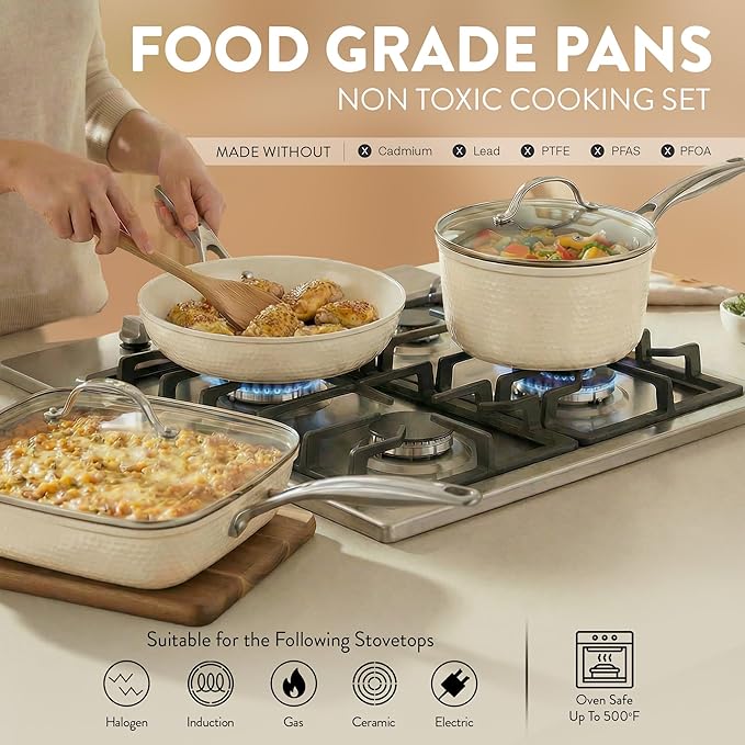 Gotham Steel Hammered 15 Pc Ceramic Cookware Set Nonstick, Pots and Pans Set Non Stick with Induction Cookware, Cooking Utensils & Steamer, Non Toxic PFOA PFOS Free, Oven & Dishwasher Safe