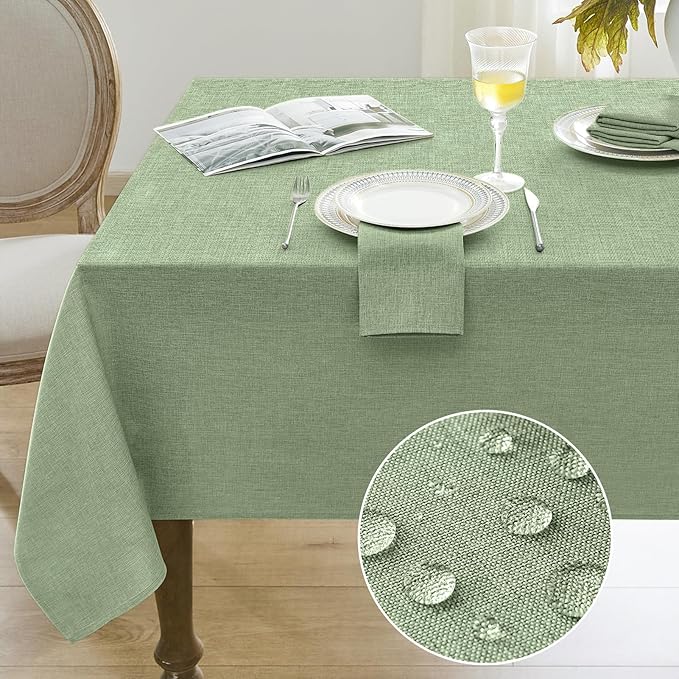 Softalker Extra Long Sage Green Table Cloth 144 x 60 inch Rectangular Faux Linen Tablecloth Outdoor Waterproof Stain and Wrinkle Resistant Table Cover Spring Tabletop for Easter Party Picnic Decor