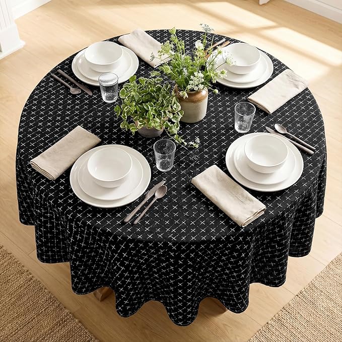 Horaldaily Black Round Table Cloth, Cross-Star Solid Textured Embroidery Tablecloth, Wrinkle Free Washable 60×60 Inch Table Cover for Kitchen, Party, Wedding, Picnic, Outdoor