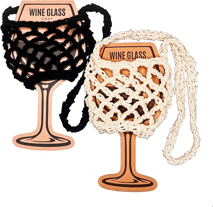 2 Pack Crochet Wine Glass Lanyard Holder for Wine Festival Lovers (Black-Ivory)