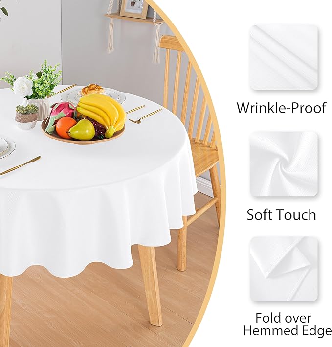 Hiasan Round Textured Tablecloth 90 Inch - Waterproof Spillproof Antiwrinkle Jacquard Abrasion-Resistant Table Cloth, Decorative Polyester Table Cover for Kitchen Dining Party Wedding Camping, White