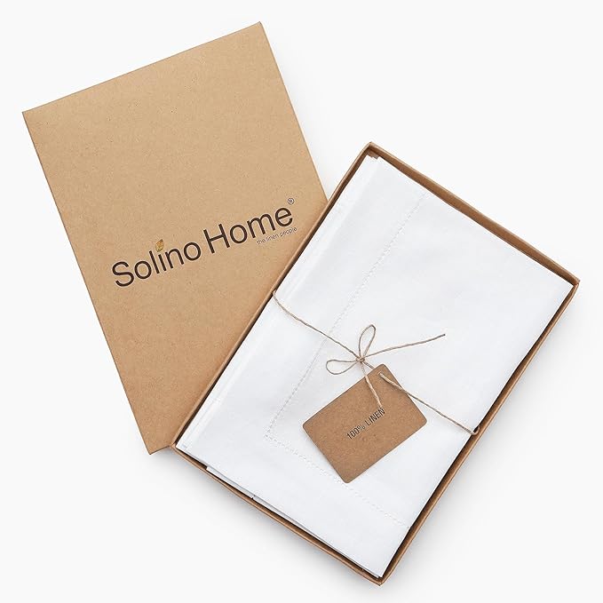 Solino Home White Linen Napkins Set of 4-100% Pure Linen Hemstitch Dinner Napkins 20 x 20 Inch for Winter, Valentines, Spring, Easter - Classic Hemstitch