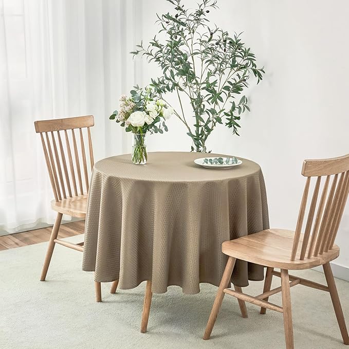 maxmill Round Weaved Texture Design Tablecloth Spill-Proof Wrinkle Free Soft Washable Table Cloth for Circular Table Cover, for Dining Room Buffet Banquet Parties Holiday Dinner, 70 Inch Brown