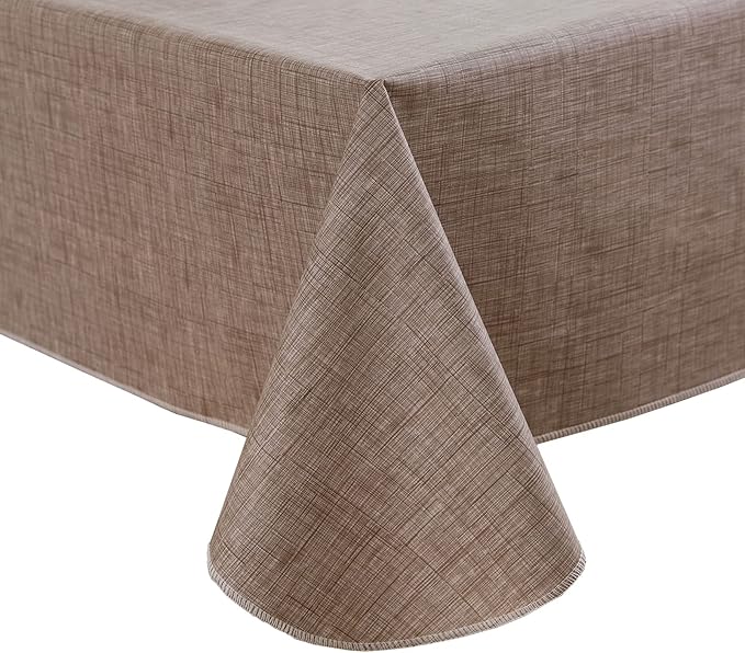 Pioggia Vinyl Tablecloth with Flannel Backing Rectangle Waterproof Oil-Proof Plastic Table Cloth Wipeable PVC Table Cover for Indoor and Outdoor (Linen, 60 x 102 Inch)