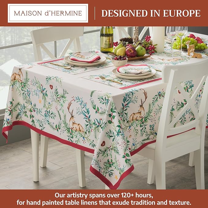 Maison d' Hermine Table Cloth Rectangle Table 100% Cotton 70 x 120 Inches Fall Tablecloth Reusable Everyday Use for Thanksgiving Christmas Decorations Dining Farmhouse Party (Holly Time)