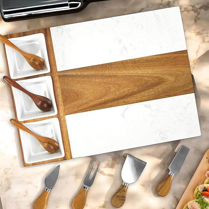 Marble Cutting Board Set, Charcuterie Cheese Boards, 3 Bowls, 3 Spoons, 4 Charcuterie Utensils, Meat, Fruits, Vegetables, Housewarming, Wedding - Marble Blank