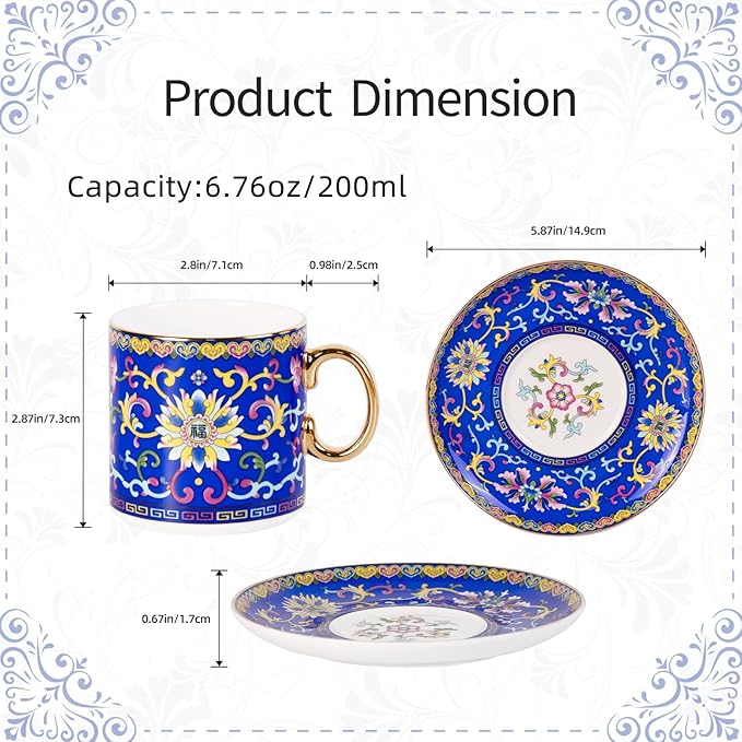 KAMMAK Tea Cups and Saucers Set of 2, Porcelain Coffee Cups with Saucer for Espresso, Cappuccino, 7oz Vintage Yellow and Blue Ceramic Novelty Mug for Home, Tea Party, Office