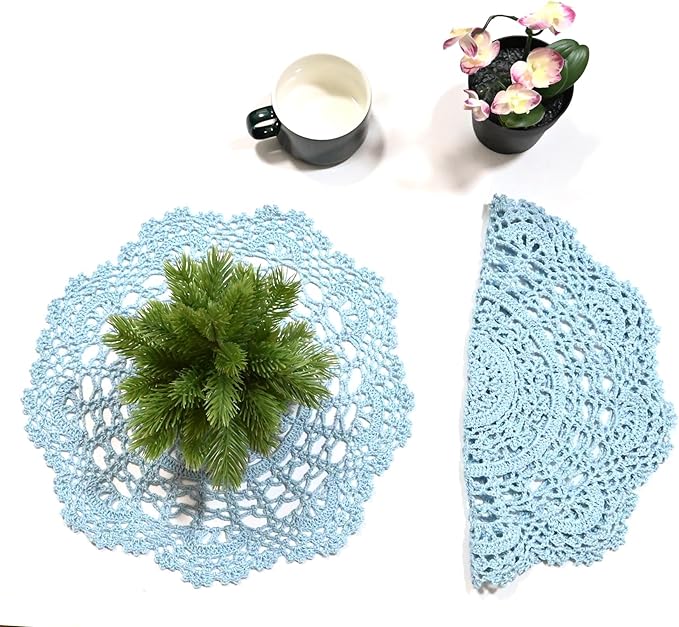 BIBITIME 2PCS Lace Table Doilies Kitchen Placemats Round Handmade Crochet Flower Cup Mug Mat Doily (Light Blue, 13 inches to 14 inches,2PCS)