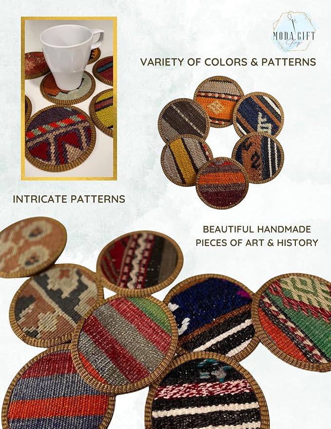 Kilim Fabric Coaster Set, Boho Coaster Set, Midwestern Coasters, Cloth Coaster Set, Authentic Turkish Kilim (8 Coasters)