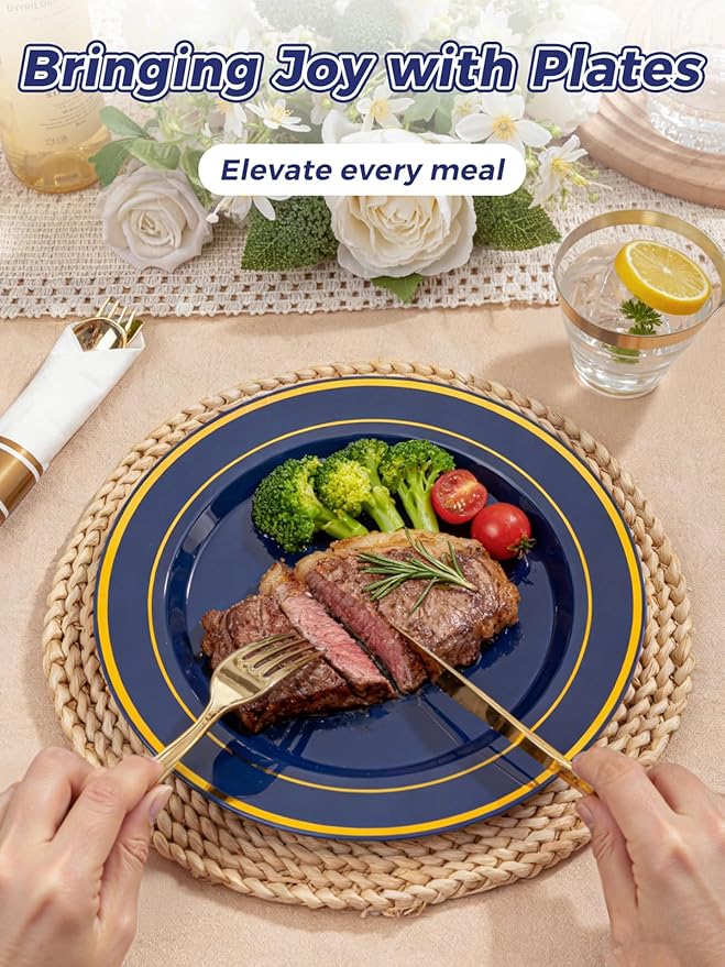 175PCS Blue and Gold Plastic Plates - Navy Blue Plates with Pre Rolled Napkins for Party - 25Guest Disposable Dinnerware Sets for Party/Birthday/Wedding