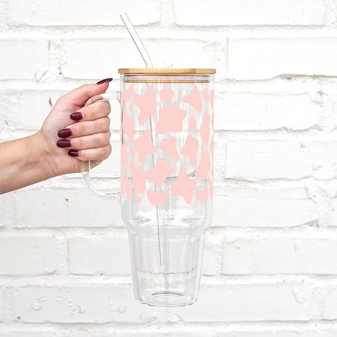 Sip-Sip Hooray! Cow Glass 40oz Tumbler, Iced Coffee Glass Cup, Trendy Pattern Aesthetic Coffee Mug, Minimalist Glass Cup, Cow Print Cup Personalized Soda Glasses