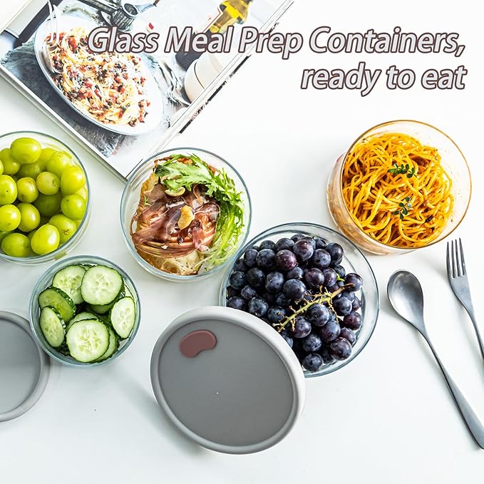 Glass Food Storage Containers with Lids, Leak-Proof BPA Free Round Glass Containers with Lids for Storage soups and leftovers - Microwave, Dishwasher, Freezer Safe (Gray 6PCS)