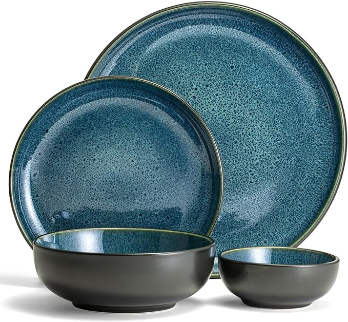 Sango 16-Piece Stoneware Dinnerware Set for 4, Glossy Black & Blue Plates and Bowls Sets with Reactive Glaze, Ceramic Dish Set, Modern Dishes for Everyday Dining, Microwave & Dishwasher Safe, Resona