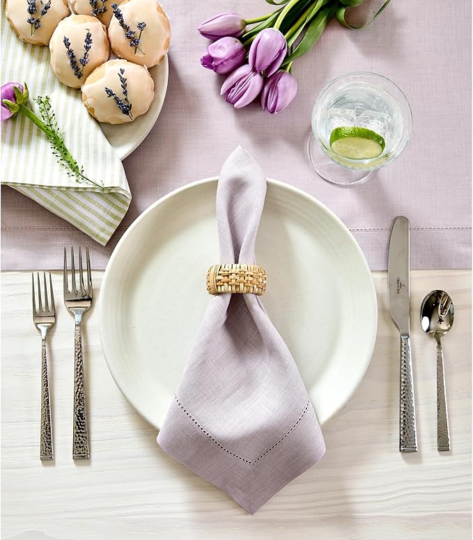 Solino Home Linen Napkins Set of 6 - Classic Hemstitch 100% Pure Linen Lilac Dinner Napkins Cloth 20 x 20 Inch for Valentines, Spring, Easter - Handcrafted and Machine Washable