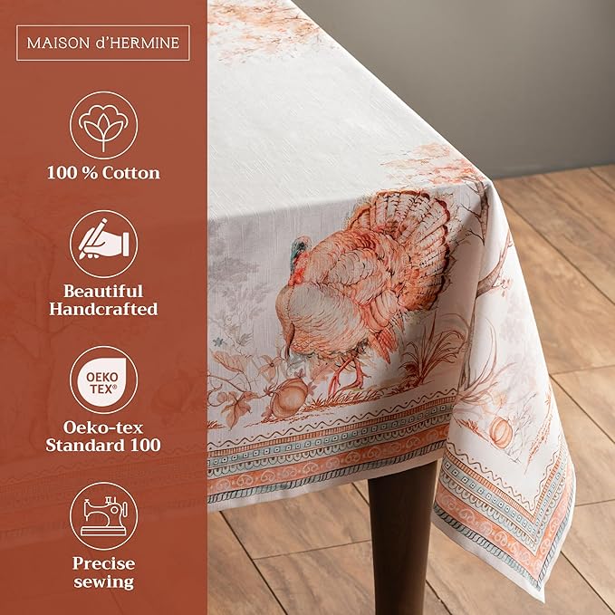 Maison d' Hermine Table Cloth Rectangle Table 100% Cotton 60 x 120 Inches Fall Tablecloth Reusable Everyday Use for Thanksgiving Christmas Decorations Dining Farmhouse Party (Giving Thanks)