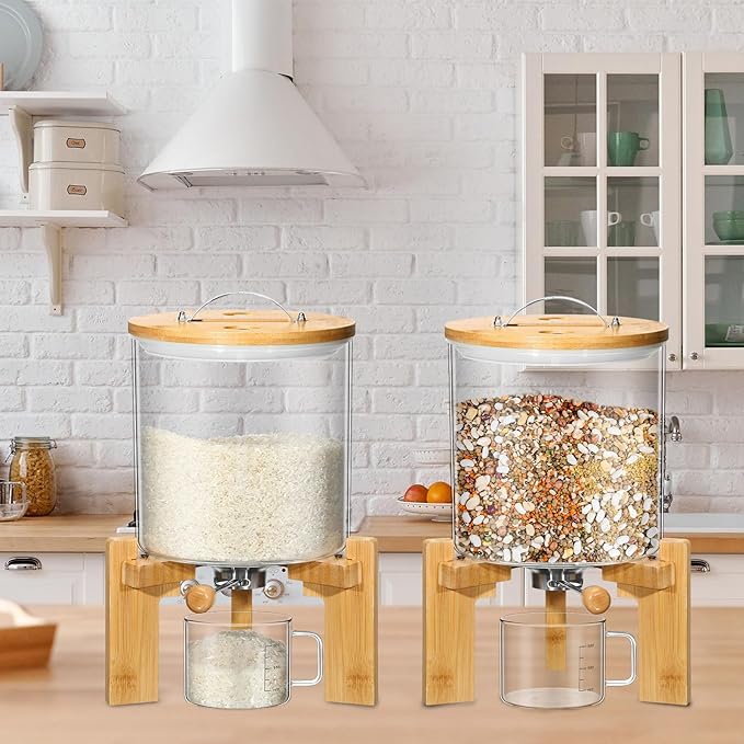 Zhehao 2 Pcs 5L Glass Rice Dispenser Rice Storage Container Flour Cereal Dispenser Container Holder with Wooden Stand Airtight Bamboo Lid and Measuring Cup for Pantry Sugar Coffee Beans Kitchen Food