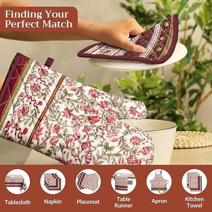 Maison d' Hermine 100% Cotton Oven Mitt & Pot Holder Set (7.5"x13" & 8"x8") Heat Resistant BBQ Cooking Gloves with Loop for Thanksgiving Christmas Decorations Handling Hot Pans (Reveillon Au Jardin)