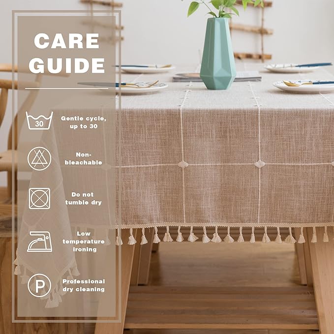 Pahajim Rustic Linen Tablecloth Cotton Rectangle Table Cloth for Kitchen Dining with Tassel Plaid Waterproof Tablecloths Square,55''x55'',4 Seats