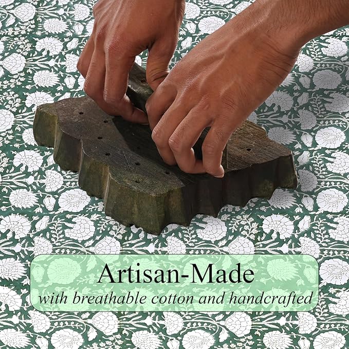 Ridhi Hand Block Print Turquoise Moss Green Rectangle Cotton Tablecloth 90" x 60" Reusable Table Cover Decorative Everyday Use for Dining, Farmhouse, Home Gift for Spring, Easter, Valentine