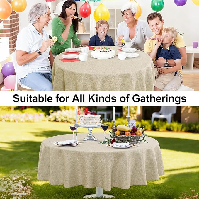 JIUZHEN Round Textured Table Cloth Linen Wrinkle Free Stain Resistant Farmhouse Decorative Circular Tablecloth for Kitchen, Dining, Party, Wedding, Outdoor Use (50 Inch Round,Beige)