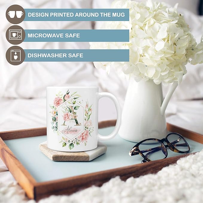 Personalized Floral Initial Monogram Name Ceramic Coffee Mug, 11 or 15 oz