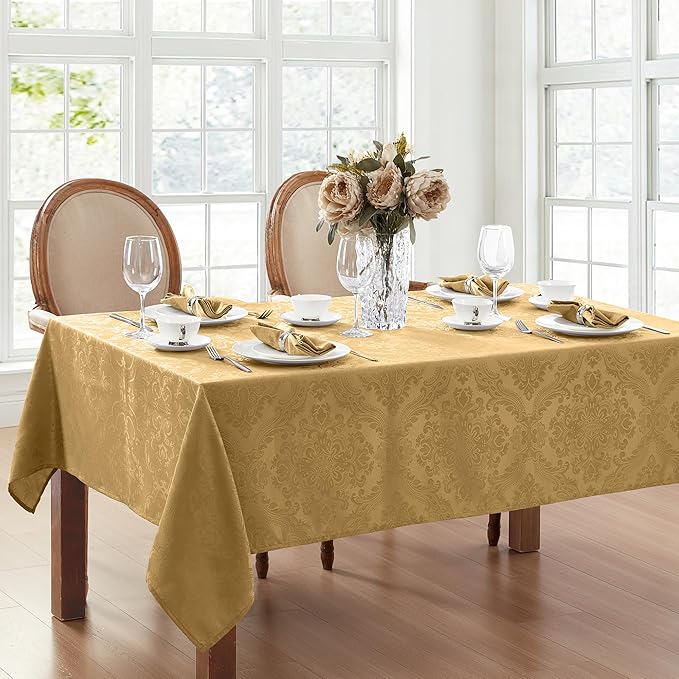 Elrene Home Fashions Caiden Elegance Damask Waterproof, Stain & Wrinkle Resistant Fabric Tablecloth, 60" x 102" Oblong/Rectangle, Gold