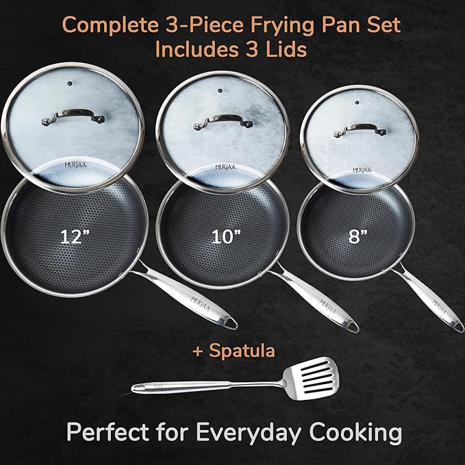 Stainless Steel Frying Pan Set, Sartenes de Acero Inoxidable 3-Piece Honeycomb Nonstick Skillets 8", 10", 12" With Lids, Spatula, Oven & Induction Compatible, Dishwasher Safe Pan Set