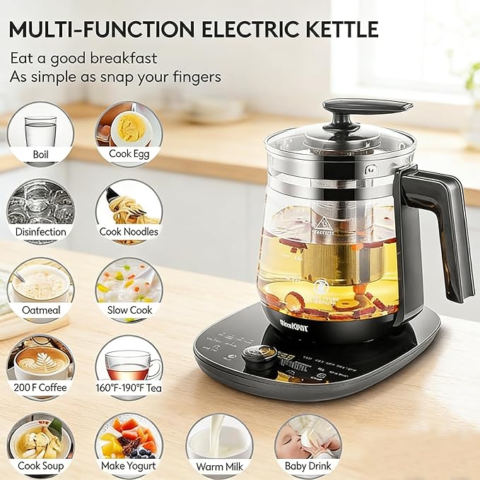 800w Electric Kettle, 2L Borosilicate Glass tea kettle, Hot water kettle electric for Coffee or Tea, BPA Free, Auto Shut-Off, Stainless Steel, Fast Boil