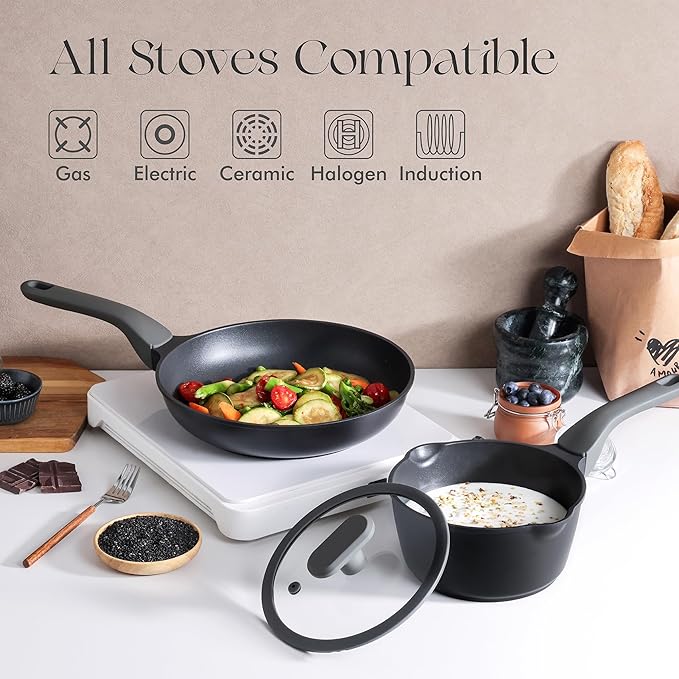 PRICUSIS Nonstick Frying Pan with Lid, 8/10 Inch Skillet with Stay Cool Handle, Fully Coated, Induction Compatible & Oven Safe, 100% Dishwasher Safe, PTFE & PFOA Free（8 Inch, Black Sesame）