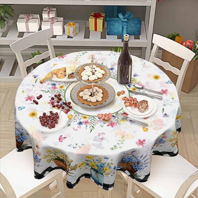 Spring Floral Round Tablecloth 70 Inch Summer Flower Vase Buffalo Plaid Circle Table Cloth Seasonal Holiday Rustic Easter Table Cover for Party Kitchen Dinner Home Decor