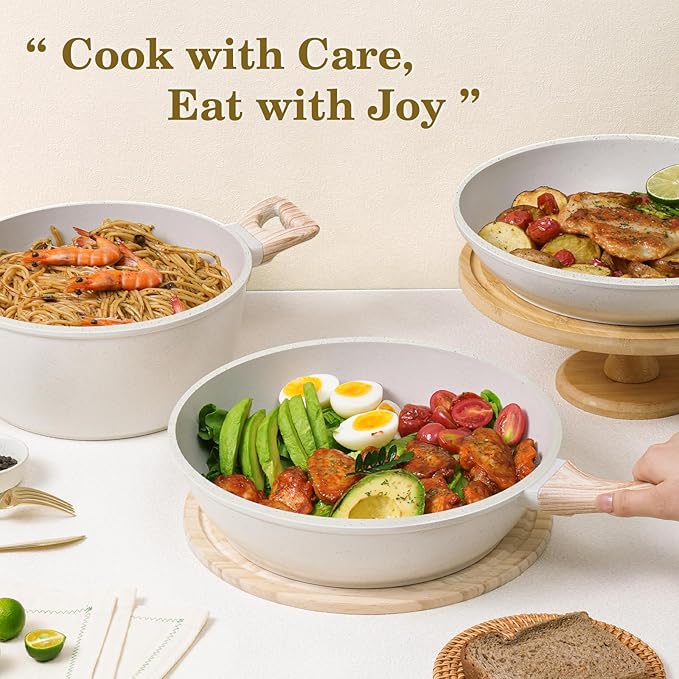 12 Pcs Pots and Pans Set Non Stick, Cookware Sets White Granite Induction Cookware, Non-toxic Healthy Nonstick Kitchen Cooking Set with Frying Pan Set, Saucepans (PFAS/PFOA/PFOS Free)